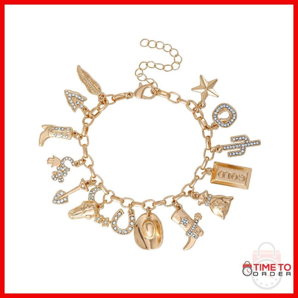 Gold Tone Charm Bracelet 14 Western Charms Adjustable 7+3 Inch